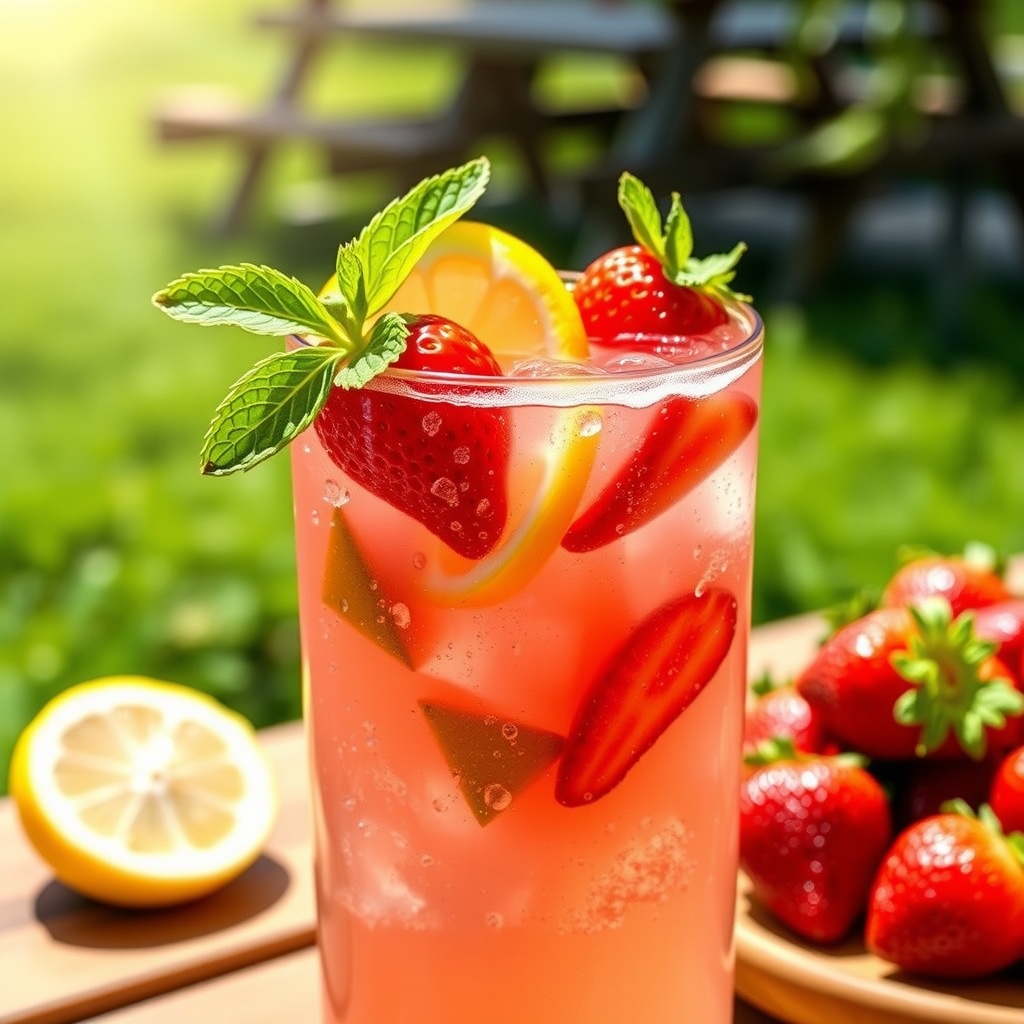 A refreshing strawberry lemonade spritzer garnished with mint and lemon slices in a sunny outdoor setting.